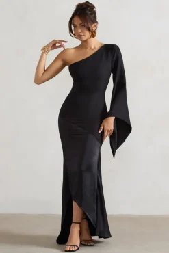 Salem | Black Asymmetric Cape-Sleeve Maxi Dress With Satin Skirt