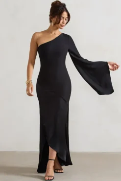Salem | Black Asymmetric Cape-Sleeve Maxi Dress With Satin Skirt