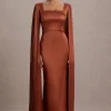 Saloma | Rust Satin Square-Neck Maxi Dress With Cape Sleeves