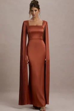 Saloma | Rust Satin Square-Neck Maxi Dress With Cape Sleeves