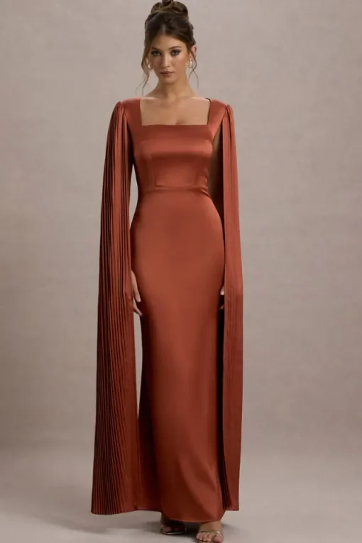Saloma | Rust Satin Square-Neck Maxi Dress With Cape Sleeves