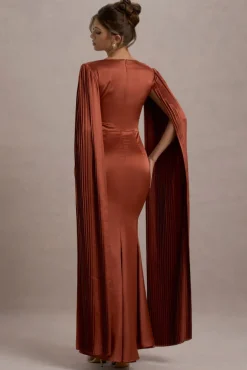 Saloma | Rust Satin Square-Neck Maxi Dress With Cape Sleeves