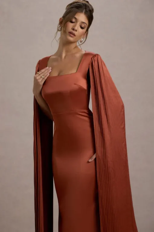 Saloma | Rust Satin Square-Neck Maxi Dress With Cape Sleeves