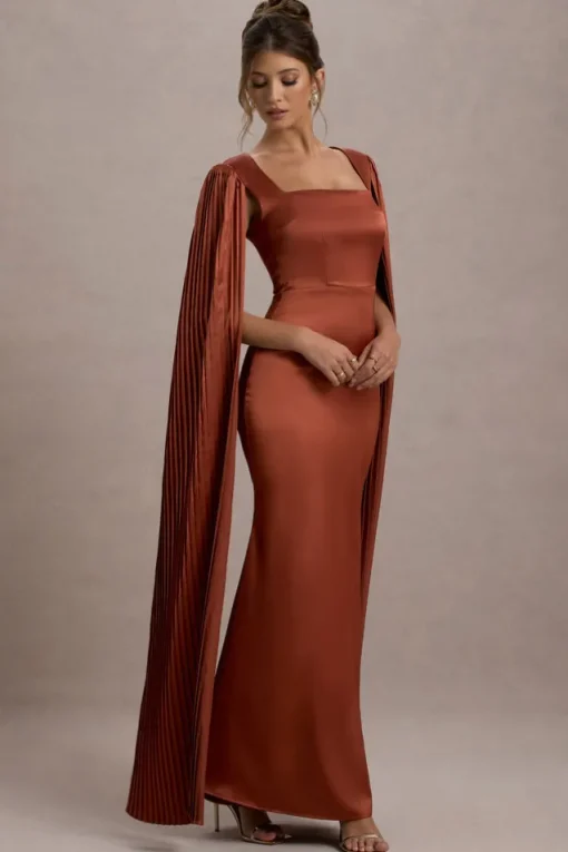 Saloma | Rust Satin Square-Neck Maxi Dress With Cape Sleeves