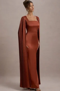 Saloma | Rust Satin Square-Neck Maxi Dress With Cape Sleeves