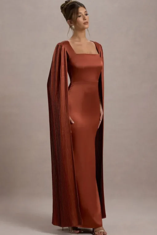 Saloma | Rust Satin Square-Neck Maxi Dress With Cape Sleeves