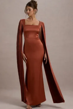 Saloma | Rust Satin Square-Neck Maxi Dress With Cape Sleeves