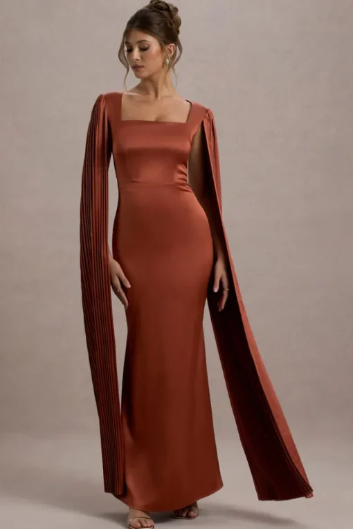 Saloma | Rust Satin Square-Neck Maxi Dress With Cape Sleeves
