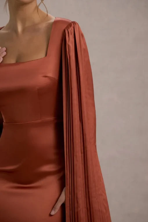 Saloma | Rust Satin Square-Neck Maxi Dress With Cape Sleeves