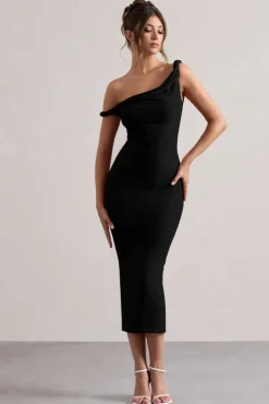 Salome | Black Twisted Asymmetric Midi Dress