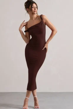 Salome | Chocolate Brown Twisted Asymmetric Midi Dress