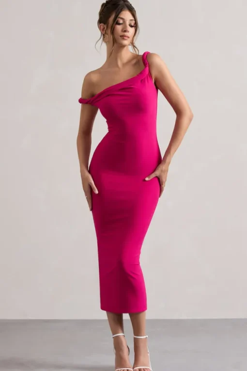 Salome | Dark Pink Twisted Asymmetric Midi Dress
