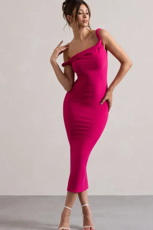 Salome | Dark Pink Twisted Asymmetric Midi Dress