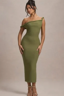 Salome | Olive Twisted Asymmetric Midi Dress