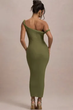 Salome | Olive Twisted Asymmetric Midi Dress