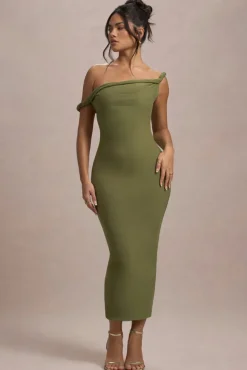 Salome | Olive Twisted Asymmetric Midi Dress