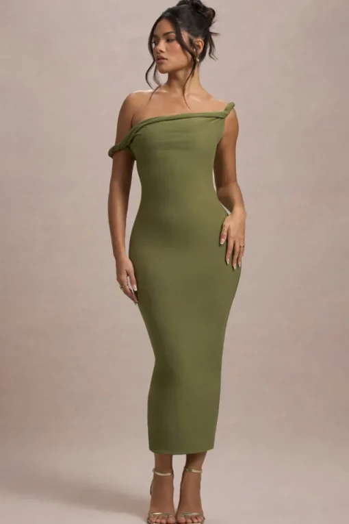 Salome | Olive Twisted Asymmetric Midi Dress