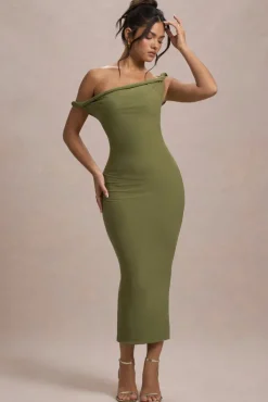 Salome | Olive Twisted Asymmetric Midi Dress