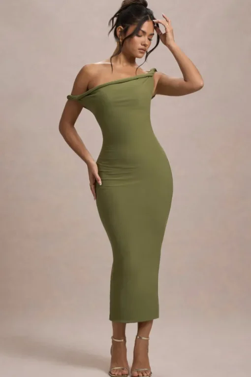 Salome | Olive Twisted Asymmetric Midi Dress