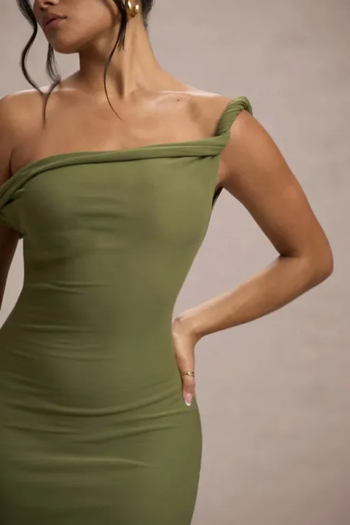 Salome | Olive Twisted Asymmetric Midi Dress