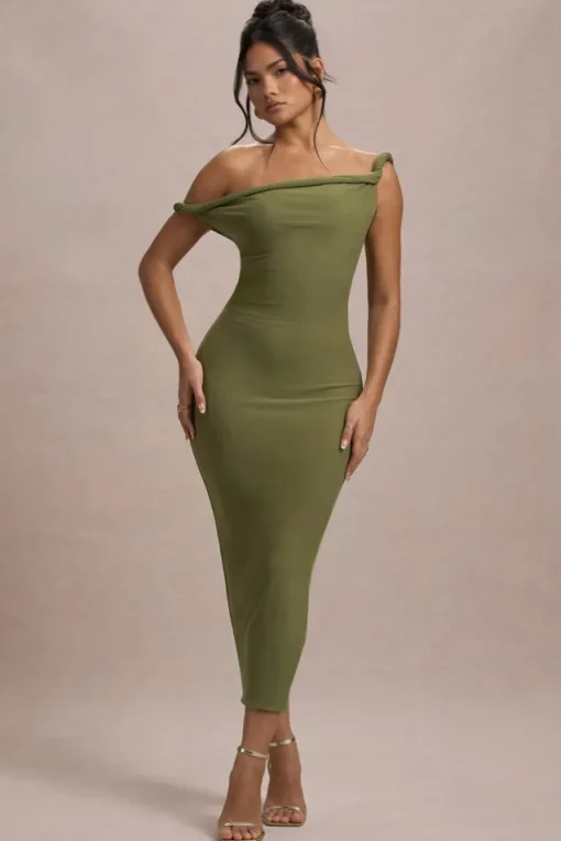 Salome | Olive Twisted Asymmetric Midi Dress