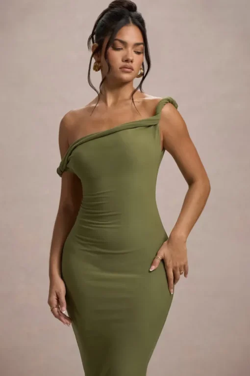 Salome | Olive Twisted Asymmetric Midi Dress