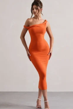 Salome | Orange Twisted Asymmetric Midi Dress