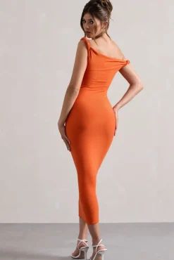 Salome | Orange Twisted Asymmetric Midi Dress