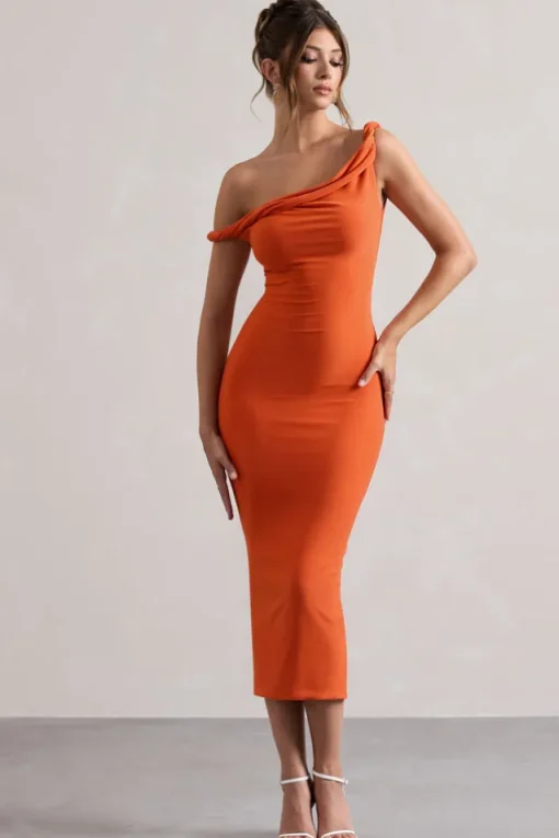 Salome | Orange Twisted Asymmetric Midi Dress