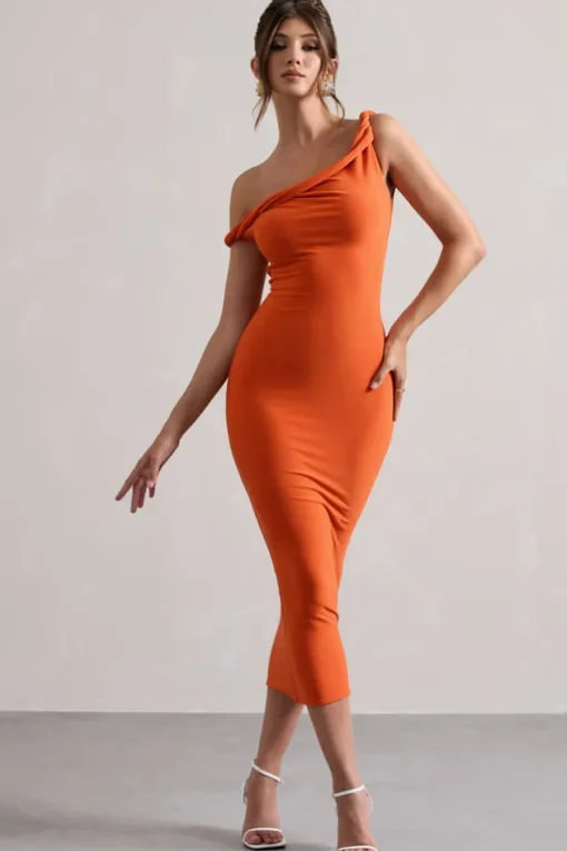 Salome | Orange Twisted Asymmetric Midi Dress