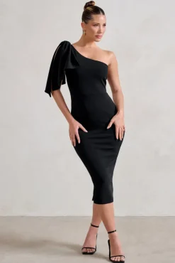 Samantha | Black One Shoulder Bow Detail Midi Dress