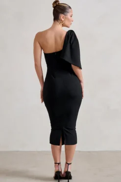 Samantha | Black One Shoulder Bow Detail Midi Dress
