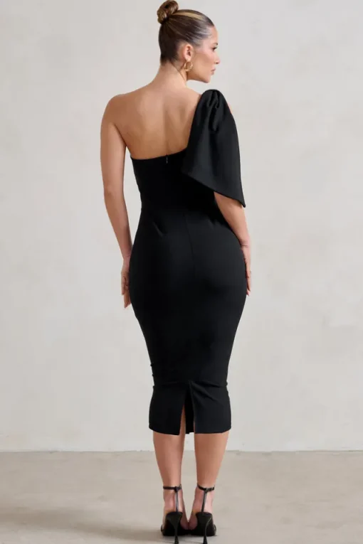 Samantha | Black One Shoulder Bow Detail Midi Dress