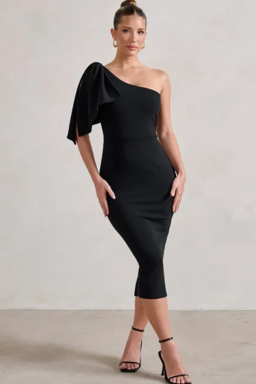 Samantha | Black One Shoulder Bow Detail Midi Dress