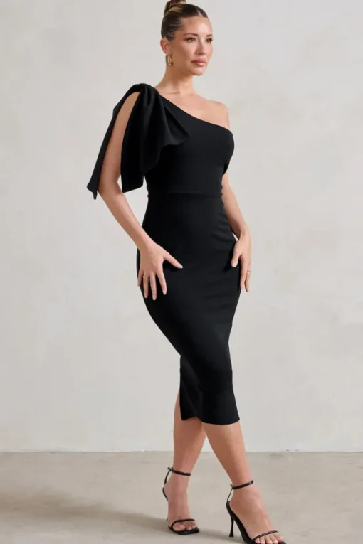 Samantha | Black One Shoulder Bow Detail Midi Dress