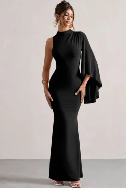 Samaya | Black High-Neck Cape-Sleeve Maxi Dress