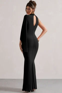Samaya | Black High-Neck Cape-Sleeve Maxi Dress