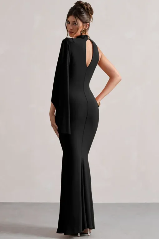Samaya | Black High-Neck Cape-Sleeve Maxi Dress