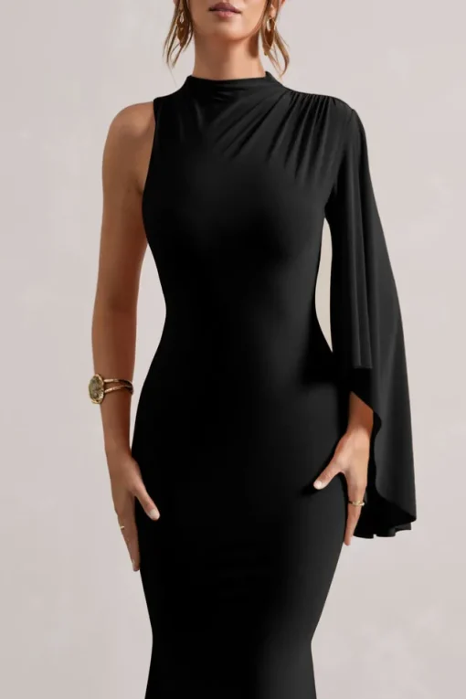 Samaya | Black High-Neck Cape-Sleeve Maxi Dress