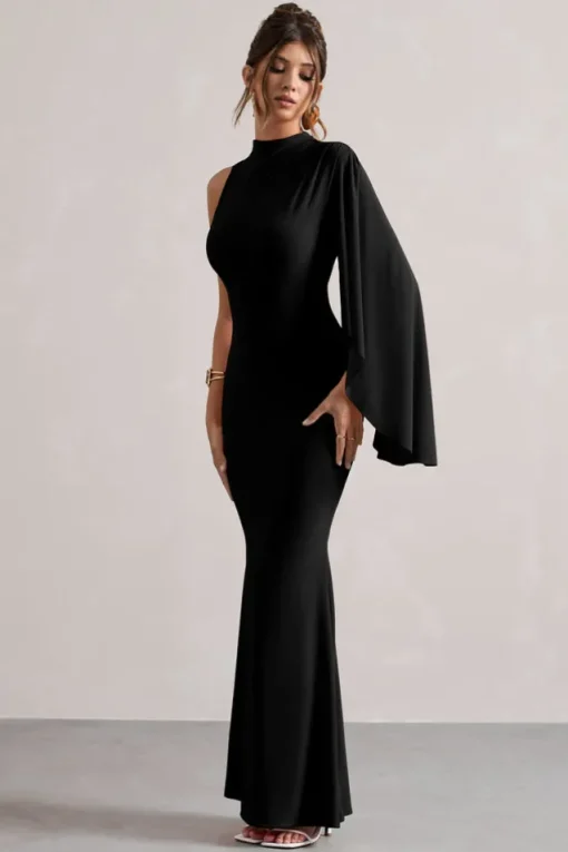 Samaya | Black High-Neck Cape-Sleeve Maxi Dress