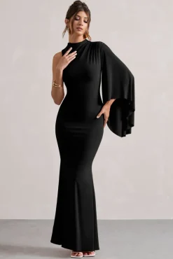 Samaya | Black High-Neck Cape-Sleeve Maxi Dress