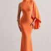 Samaya | Orange High-Neck Cape-Sleeve Maxi Dress