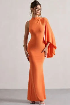 Samaya | Orange High-Neck Cape-Sleeve Maxi Dress