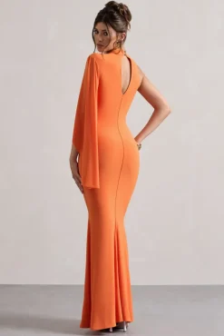 Samaya | Orange High-Neck Cape-Sleeve Maxi Dress
