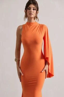 Samaya | Orange High-Neck Cape-Sleeve Maxi Dress