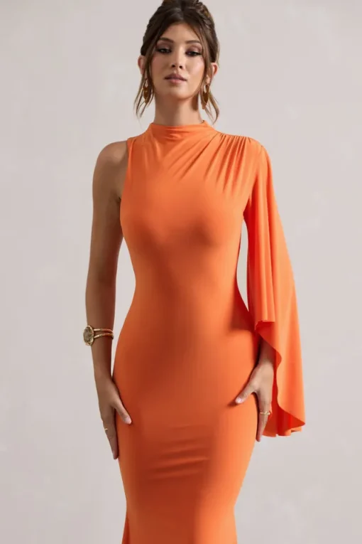 Samaya | Orange High-Neck Cape-Sleeve Maxi Dress
