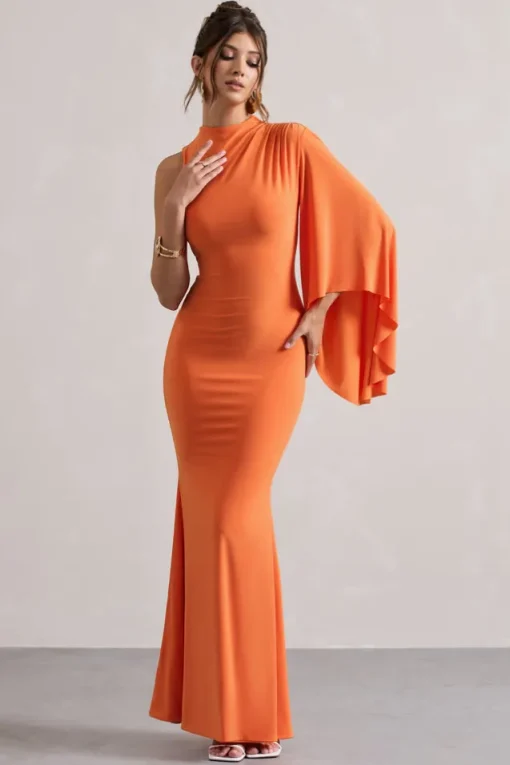 Samaya | Orange High-Neck Cape-Sleeve Maxi Dress
