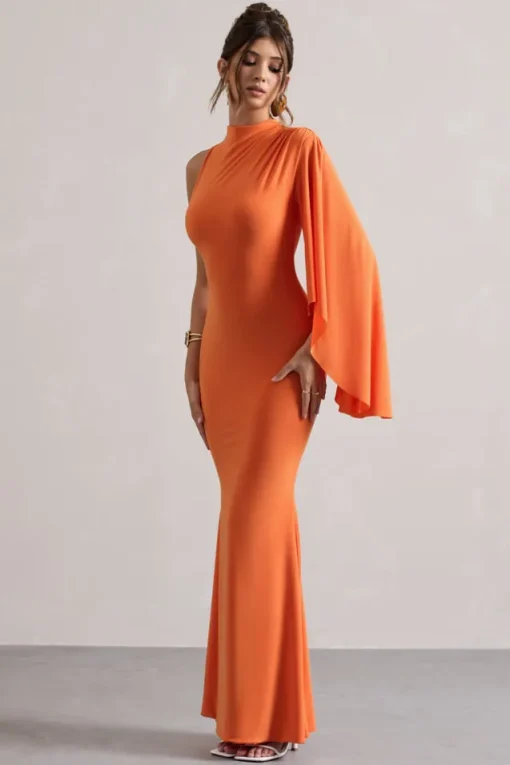 Samaya | Orange High-Neck Cape-Sleeve Maxi Dress