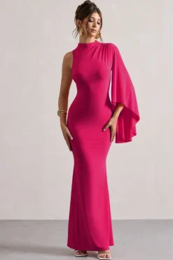 Samaya | Pink High-Neck Cape-Sleeve Maxi Dress