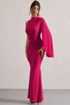 Samaya | Pink High-Neck Cape-Sleeve Maxi Dress